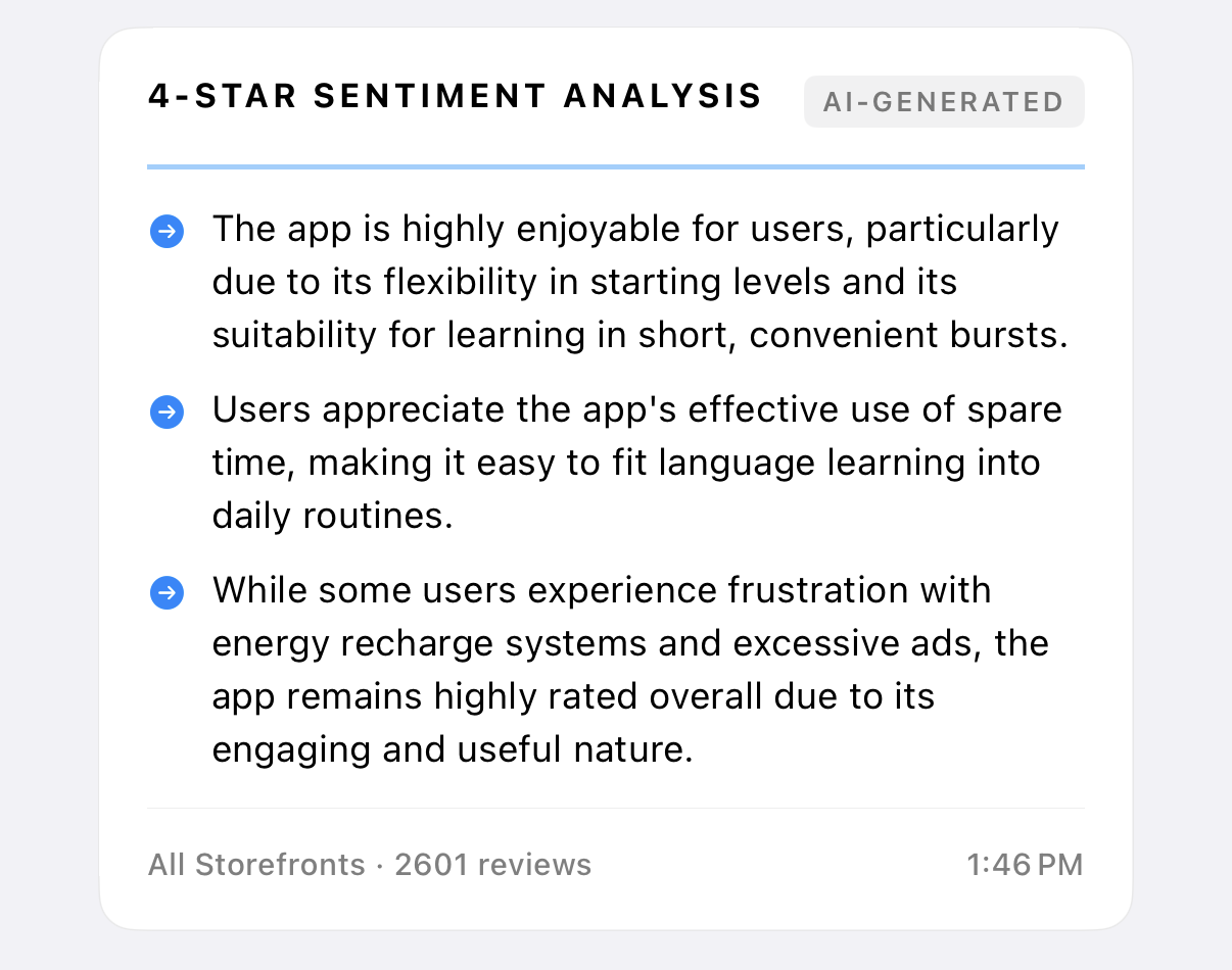 4-Star Sentiment Analysis showing AI-generated insights specific to 4-star reviews
