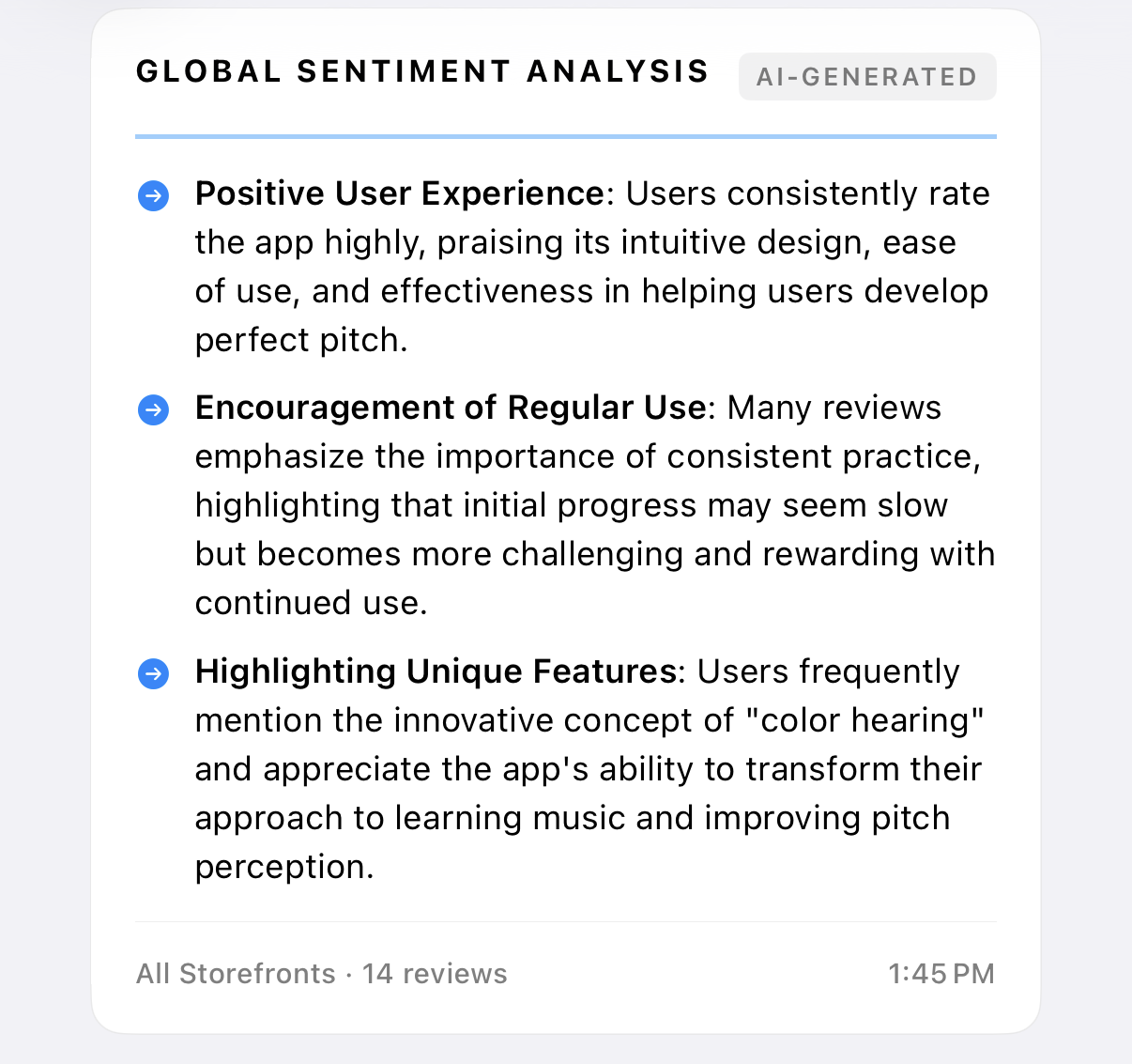 Global Sentiment Analysis showing AI-generated insights: Positive User Experience, Encouragement of Regular Use, and Highlighting Unique Features